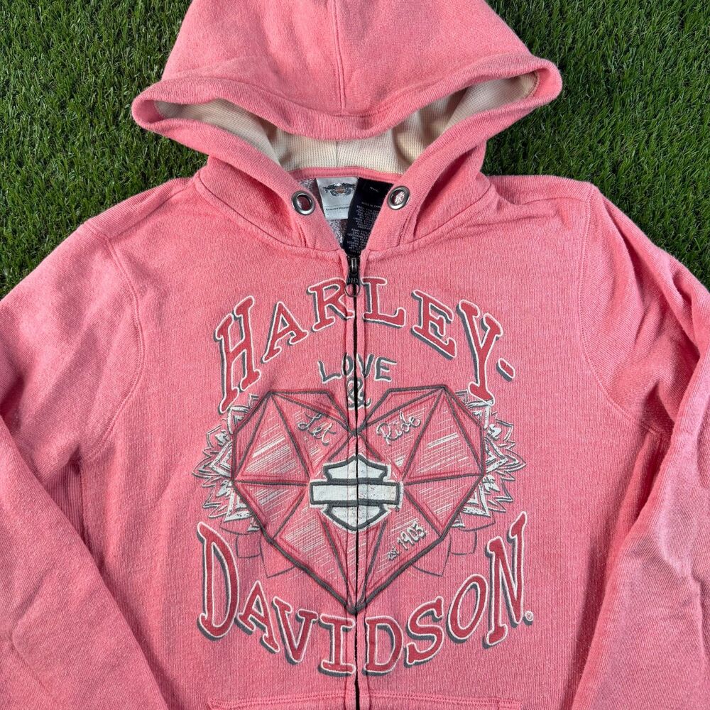 Harley Davidson Pink Full Zip Hoodie Womens XXL Spell Out Hearts Biker Y2K